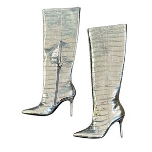 Black Suede Studio Tory Silver Croc Embossed Metallic Heel Leather Boot 35